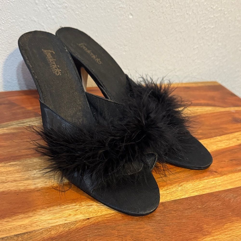 Vintage Y2K Frederick's of Hollywood Black Marabou Feather Satin Peep Toe Heel